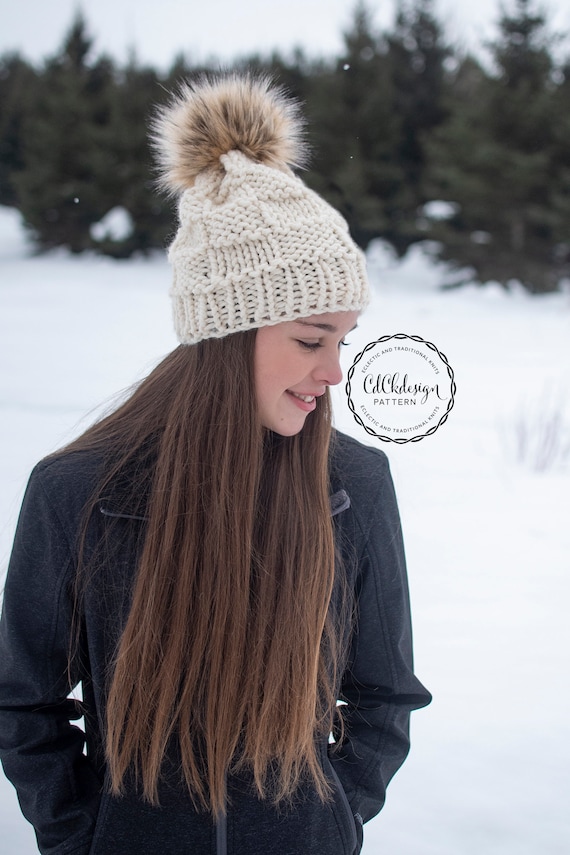 CHUNKY Ribbed Double Strand Hand Knit Brown Swirl Roll Beanie Hat with Pom Pom Women main image 4