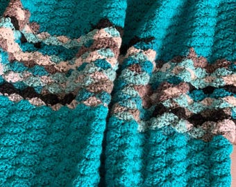 Crochet Throw-Blanket-Afghan-Shades of Turquoise-Home Decor-Warm and Cozy Blanket-Chunky Blanket