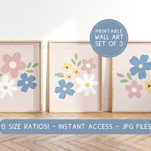 Floral Gallery Wall Art Neutral Home Decor, Printable Wall Art Collage Pink Flowers, Nursery Wall Art for Kids Bedroom