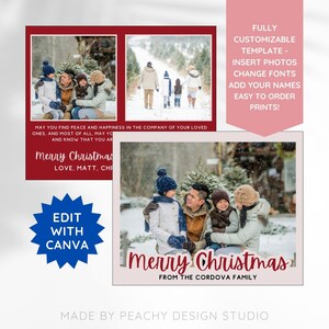 Modelo de cartão vermelho EDITÁVEL de Feliz Natal, 4"x6" 5"x7", cartão de colagem de fotos, cartão postal de boas festas, cartão de Natal personalizado