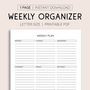 Weekly Organizer, INSTANT DOWNLOAD, Printable Weekly Schedule, Planner Printable, To Do List, Week At a Glance