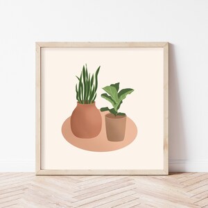 Tropical Houseplant Wall Art Printable, Digital Wall Art Snake Plant Fiddle Leaf Fig Home Decor, Hand Drawn Art for Plant Lover