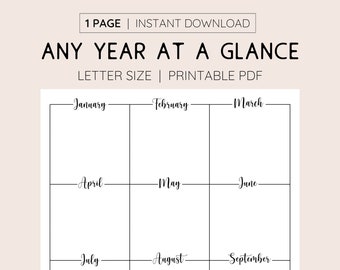 Any Year at A Glance, INSTANT DOWNLOAD, Printable Yearly Calendar ...