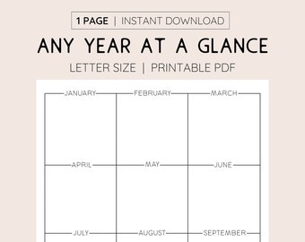 Any Year At A Glance, INSTANT DOWNLOAD, Printable Yearly Calendar, Annual Overview, Monthly View