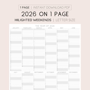 2026 Year At A Glance Planner with Highlighted Weekends, INSTANT DOWNLOAD, Printable Letter Size Calendar
