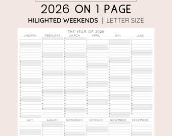 2026 Year At A Glance Planner with Highlighted Weekends, INSTANT DOWNLOAD, Printable Letter Size Calendar
