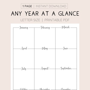 Any Year At A Glance, INSTANT DOWNLOAD, Printable Yearly Calendar, Annual Overview, Monthly View