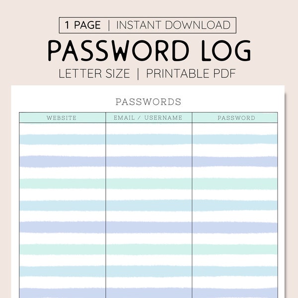 Printable Password Log, INSTANT DOWNLOAD, Password Tracker, Keep Passwords Organized, Username Keeper