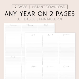 Any Year at a Glance On Two Pages, Yearly Planner Printable, Letter Size Monthly Planner, Simple Annual Overview Calendar