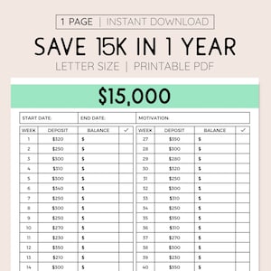 15K Savings Goal Tracker Registro de economia de dinheiro para impressão, meta de economia de 1 ano 52 semanas Planejador tamanho carta para impressão