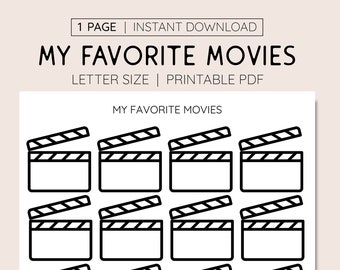 My Favorite Movie Log Printable Coloring Page, 8.5"x11" Letter Size Coloring Sheet for Adults or Kids, Planner Printable Movie Tracker