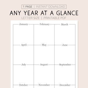 Any Year At A Glance, INSTANT DOWNLOAD, Printable Yearly Calendar,8.5” x 11” Planner Printable , Annual Overview, Monthly View