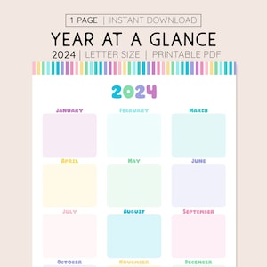 Año 2024 de un vistazo, DESCARGA INSTANTE PDF, Planificador de Calendario Arco Iris imprimible, Calendario Anual Digital 2024, tamaño de letra de 8,5"x11"