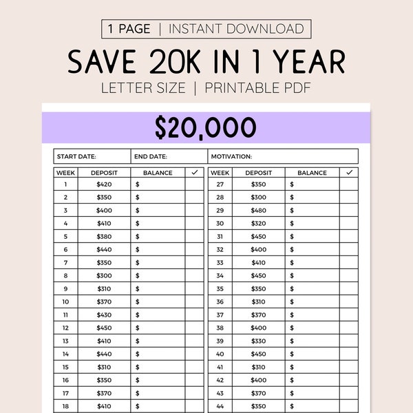 20K Savings Goal Tracker Printable Money Saving Log, 1 Year Savings Goal 52 Weeks Letter Size Planner Printable