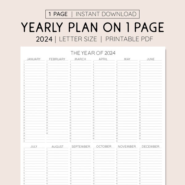 2024 Year At A Glance, INSTANT DOWNLOAD, Yearly Overview, Printable Calendar, Yearly Planner, Annual Overview