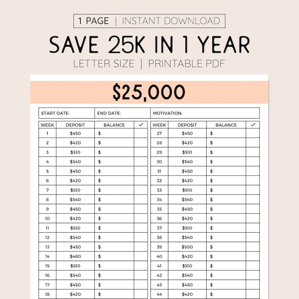 25K Savings Goal Tracker Printable Money Saving Log, 1 Year Savings Goal 52 Weeks Letter Size Planner Printable