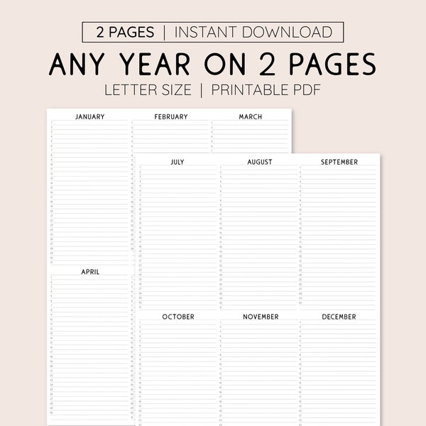 Any Year At A Glance Bundle, INSTANT DOWNLOAD, Yearly Overview, Printable Calendar, Yearly Planner, Annual Overview
