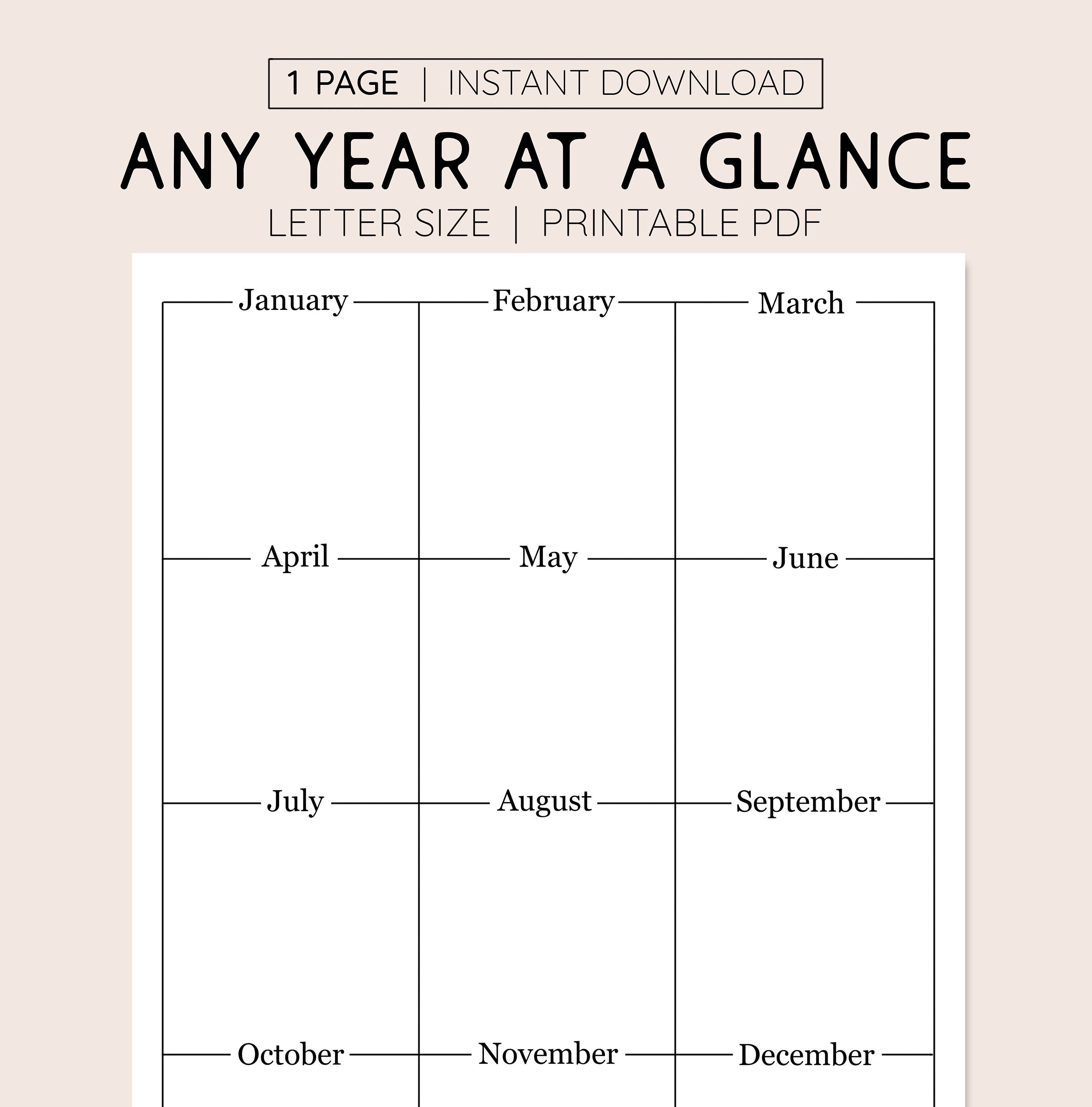 Any year at a glance, instant download, printable yearly calendar,8.5 x 11  planner printable , annual overview, monthly view - etsy