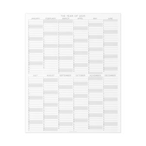 May include: A black and white printable calendar for the year 2025. Each month is displayed in a separate column with the days of the week listed across the top. The calendar is designed for easy planning and organization.