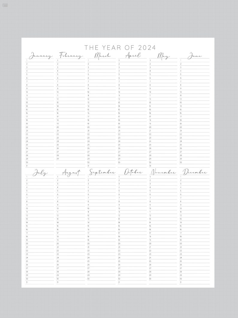 2024 Year at A Glance, INSTANT DOWNLOAD, Yearly Overview, Printable