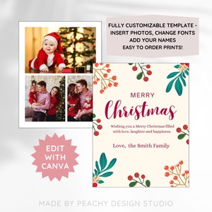 Modelo de cartão botânico EDITÁVEL de Feliz Natal, 4"x6" 5"x7", cartão postal de boas festas, modelo personalizado para impressão de cartão de Natal