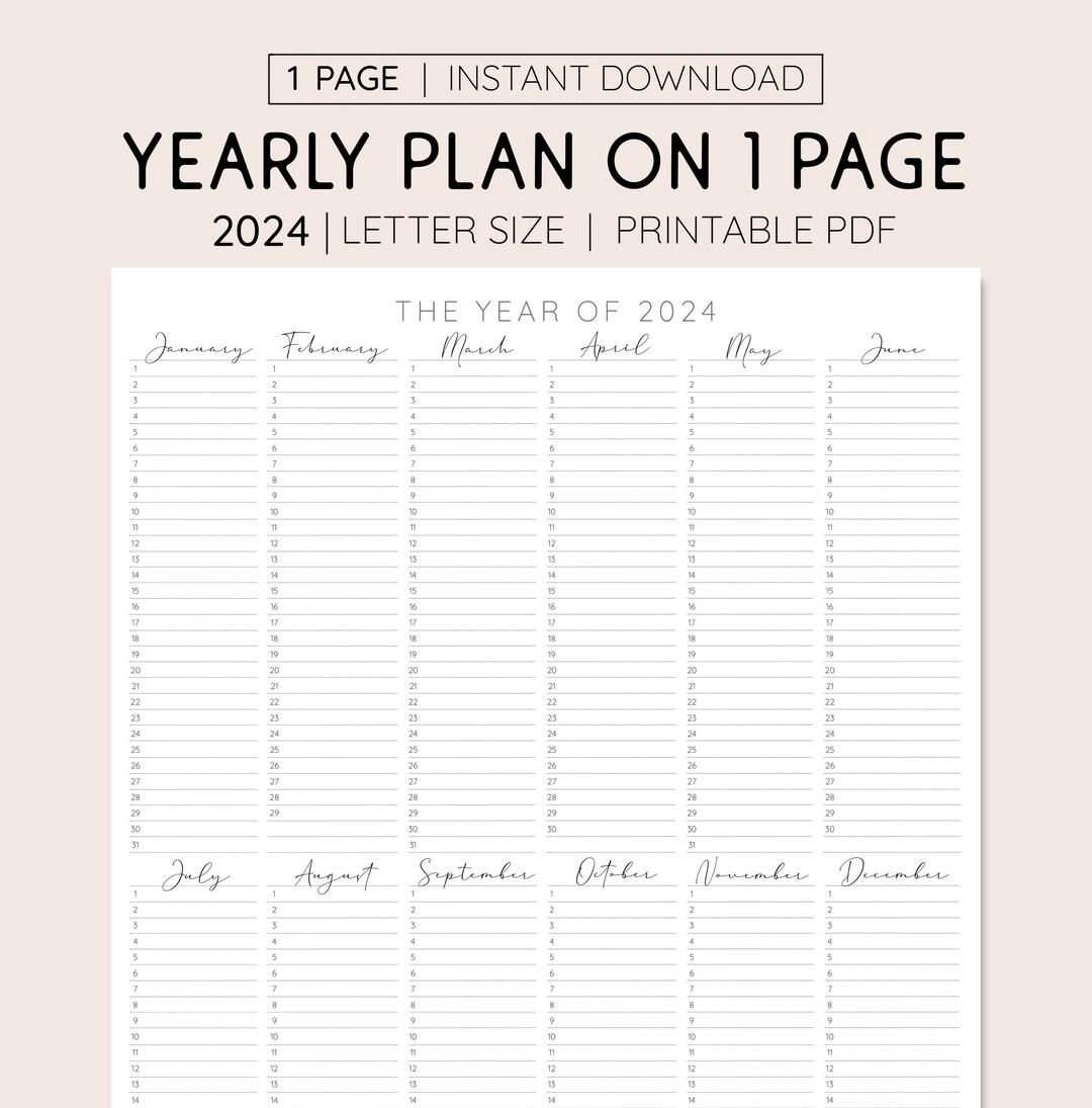 2024 Year at A Glance, INSTANT DOWNLOAD, Yearly Overview, Printable ...