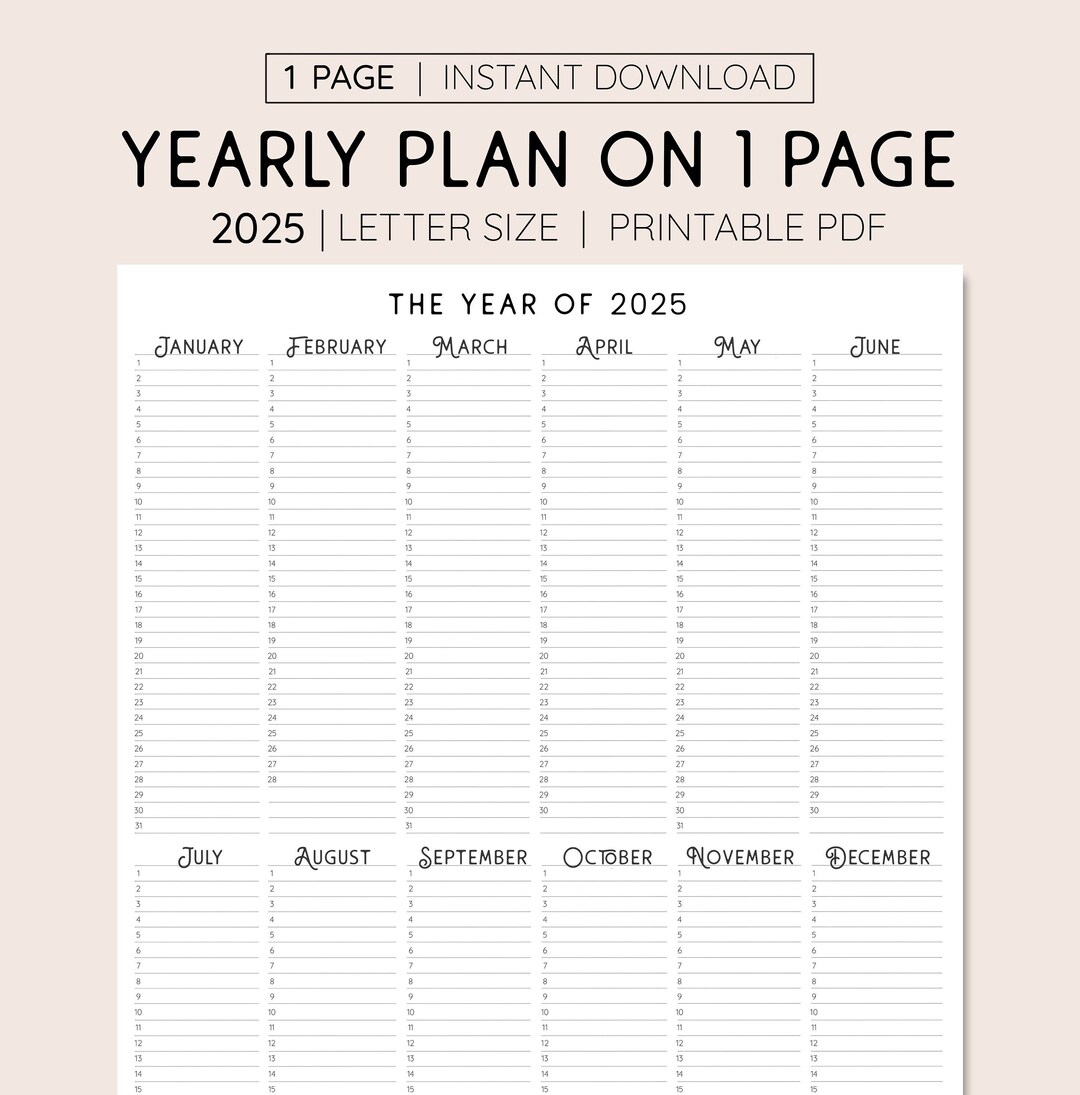2025 Year at A Glance, INSTANT DOWNLOAD, Yearly Overview, Printable Calendar, 2025 Yearly Planner, Annual Overview - Etsy