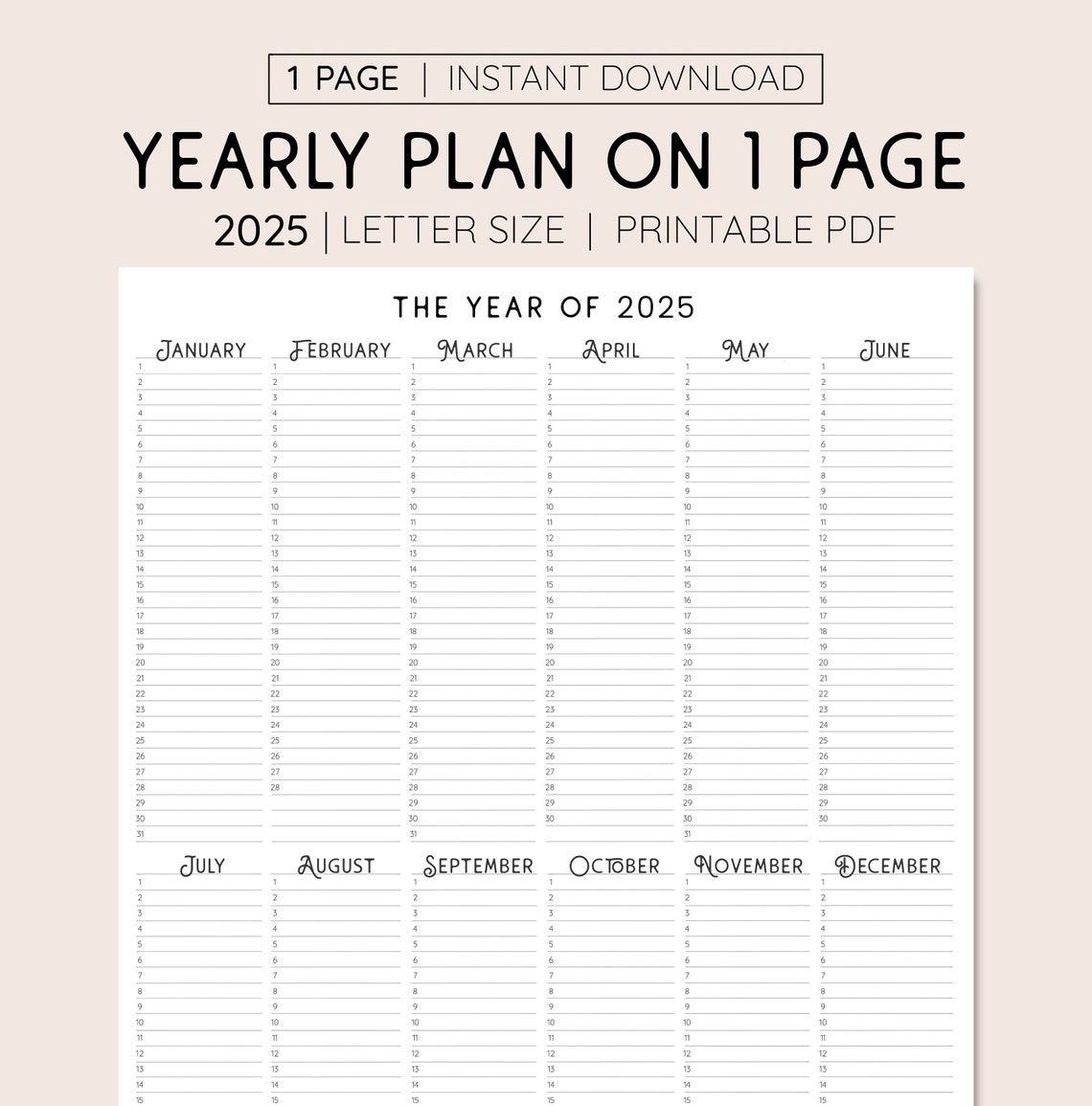 2025 Year at A Glance, INSTANT DOWNLOAD, Yearly Overview, Printable ...