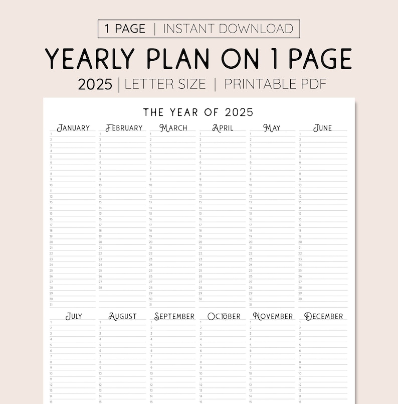 2025 Year at A Glance, INSTANT DOWNLOAD, Yearly Overview, Printable ...