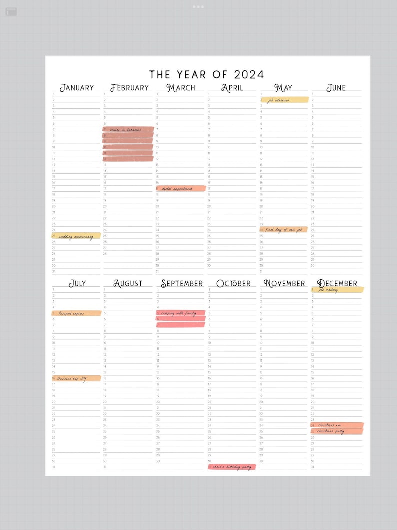 2024 Year at A Glance Printable Calendar (PDF Download) - Etsy
