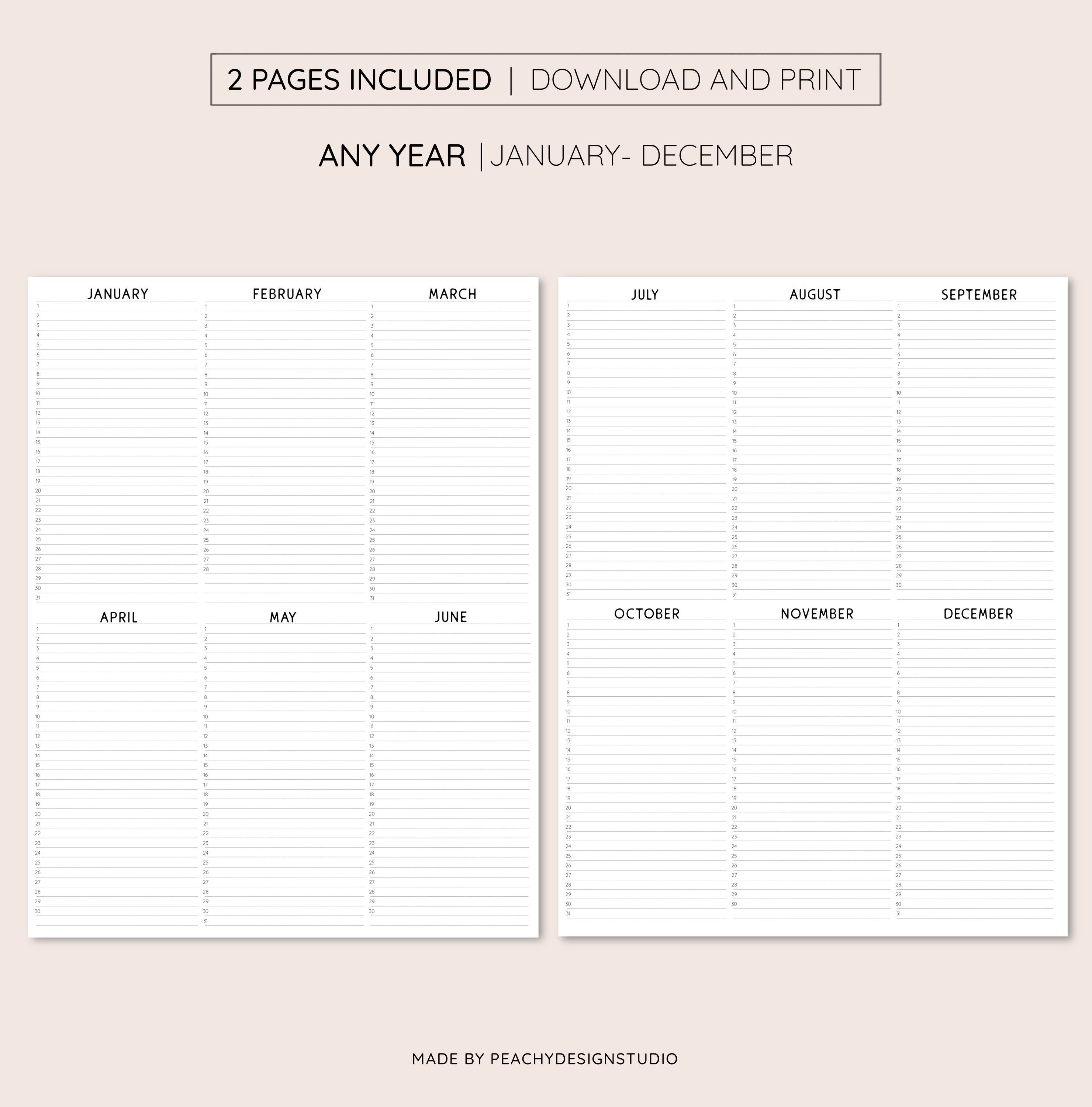 Year at A Glance Printable Calendar: Minimalist Yearly Planner (PDF ...