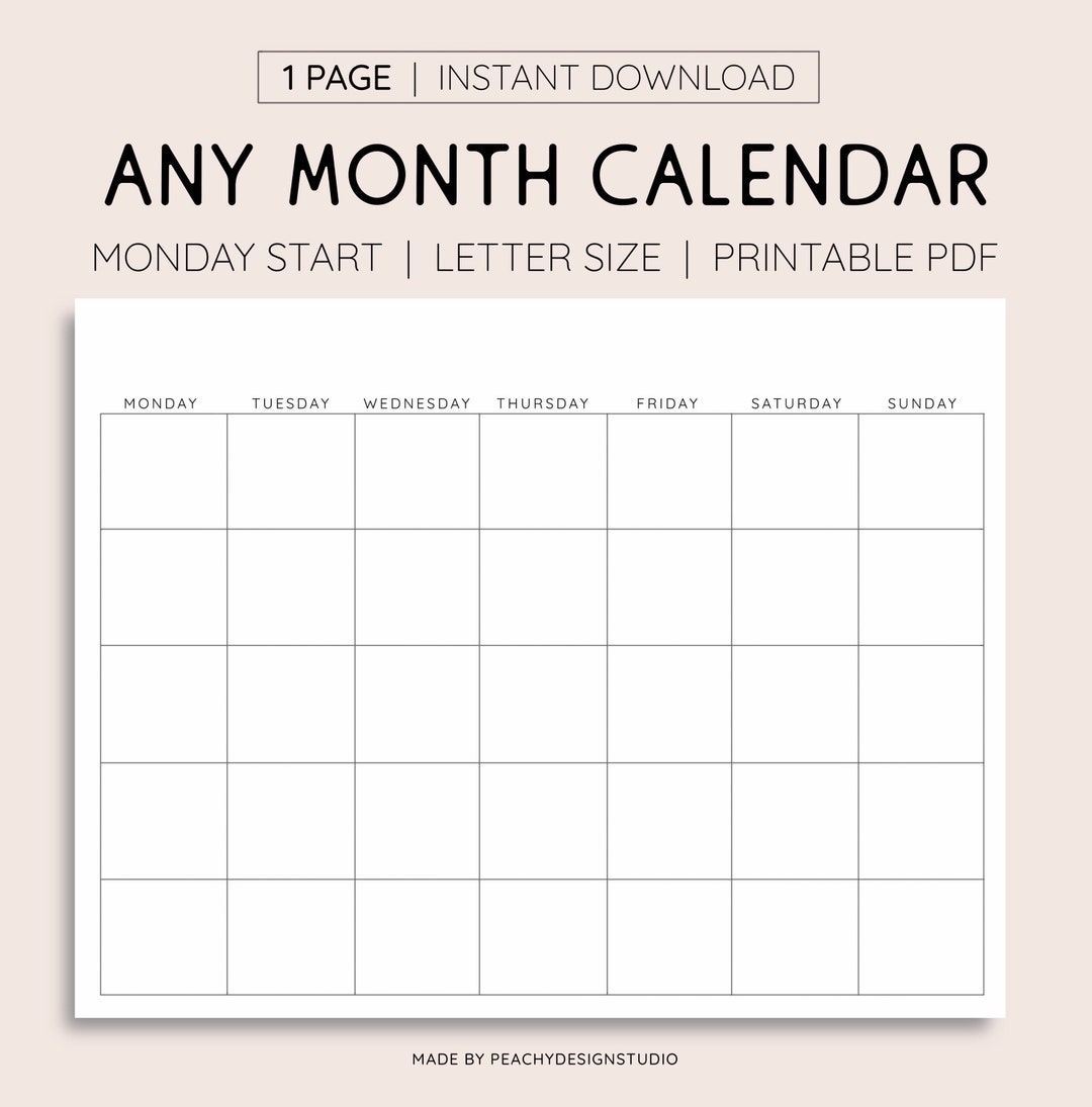 Any Month Calendar INSTANT DOWNLOAD Undated Calendar Blank Etsy
