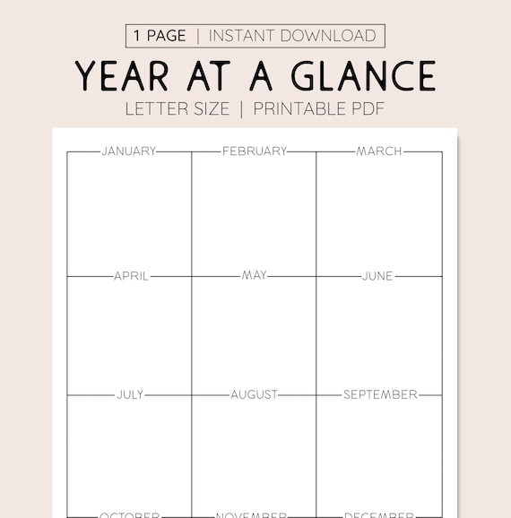 Year At A Glance Printable Calendar, Annual Overview (Digital Download)