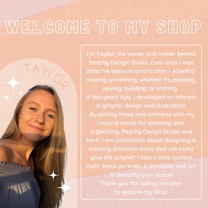 May include: Promotional image for Peachy Design Studio, featuring Taylor. The text reads "WELCOME TO MY SHOP" and describes the shop's focus on printable items and custom art. The background is peach-colored.