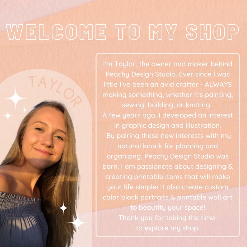 May include: Promotional image for Peachy Design Studio, featuring Taylor. The text reads "WELCOME TO MY SHOP" and describes the shop's focus on printable items and custom art. The background is peach-colored.