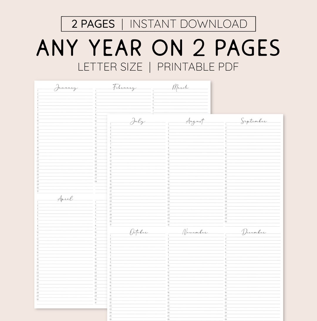 Any Year at a Glance on Two Pages, Yearly Planner Printable, Letter ...