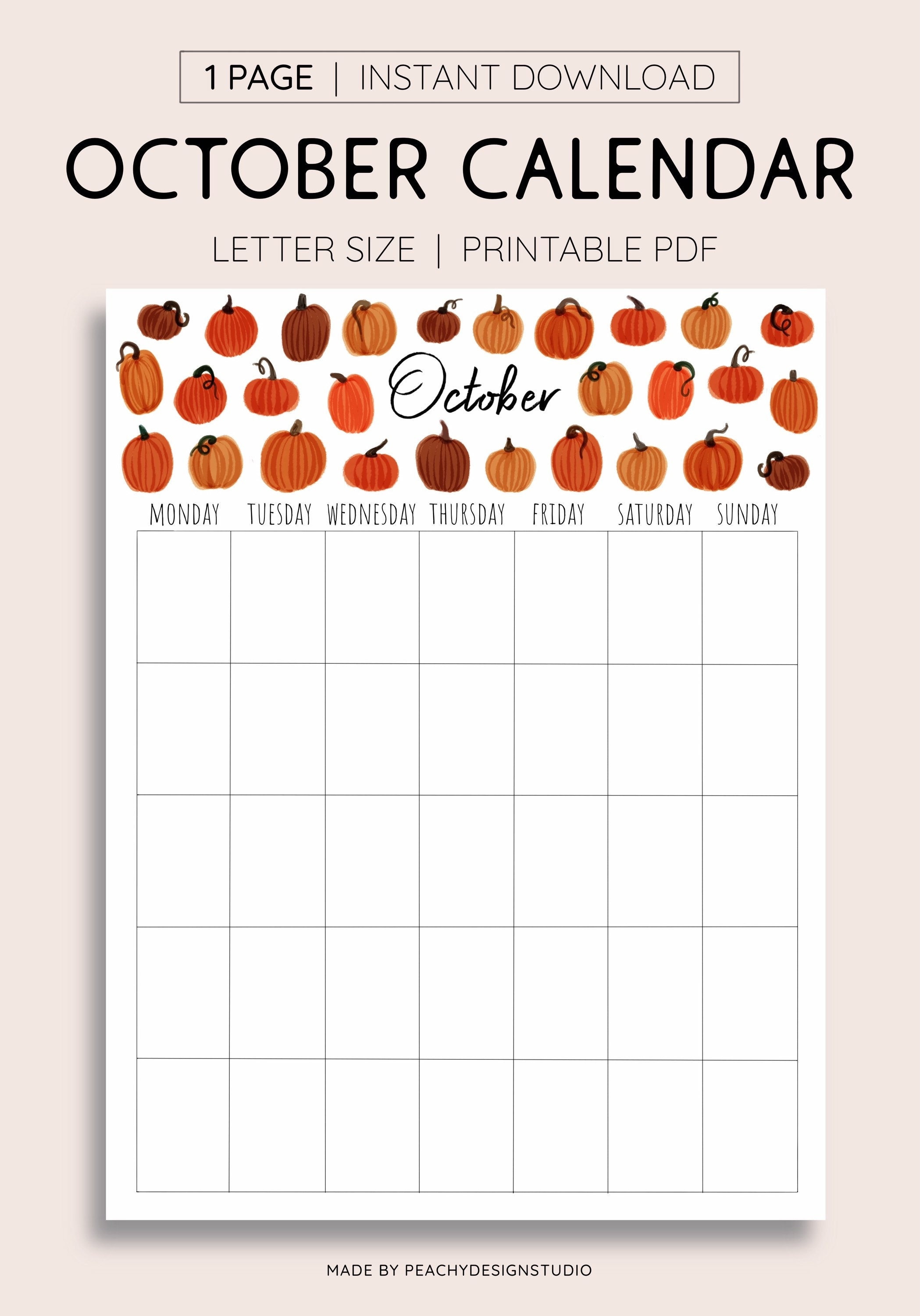 October Monthly Calendar, INSTANT DOWNLOAD, Monlyly Agenda, Monthly  Schedule, Monday Start - Etsy