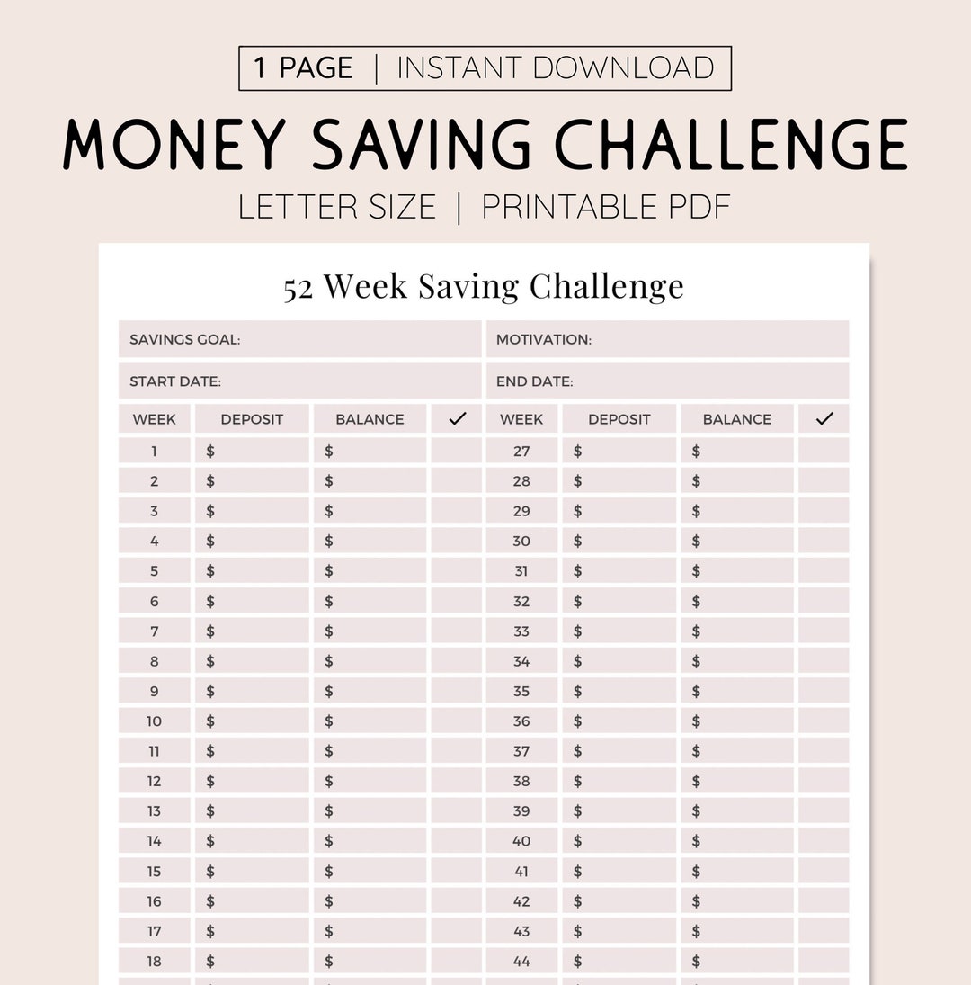 52 Week Saving Challenge Log Printable PDF, Yearly Savings Goal Tracker ...