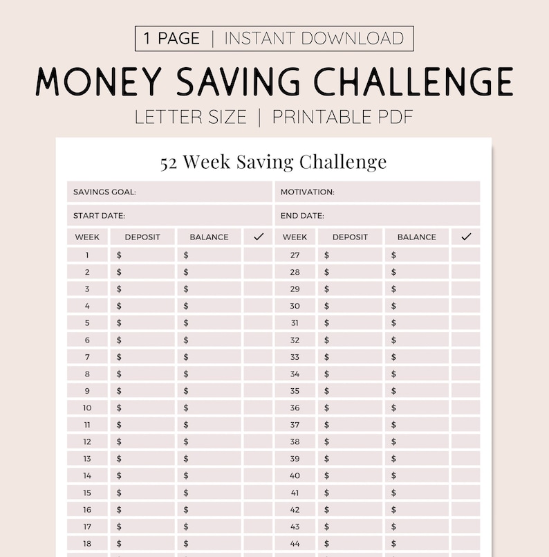 52 Week Saving Challenge Log Printable PDF, Yearly Savings Goal Tracker