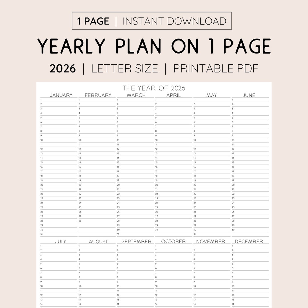 2026 Year at A Glance, INSTANT DOWNLOAD, Yearly Overview, Printable