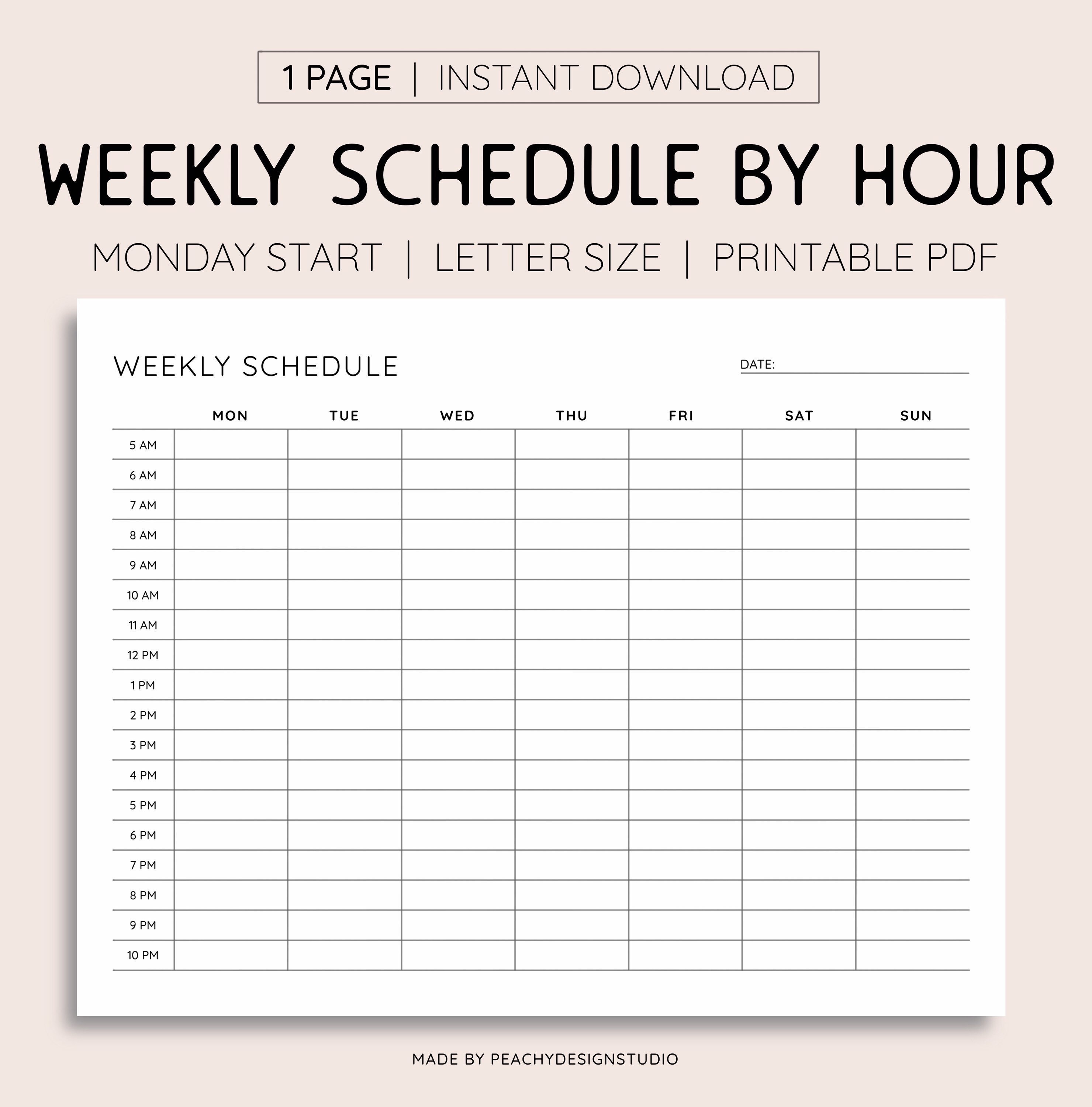 Weekly Schedule Printable, INSTANT DOWNLOAD, Hourly Planner, Weekly to Do List, Weekly Agenda, Monday Start, Letter Size - Etsy Weekly Schedule Printable, INSTANT DOWNLOAD, Hourly Planner, Weekly to Do List, Weekly Agenda, Monday Start, Letter Size - Etsy