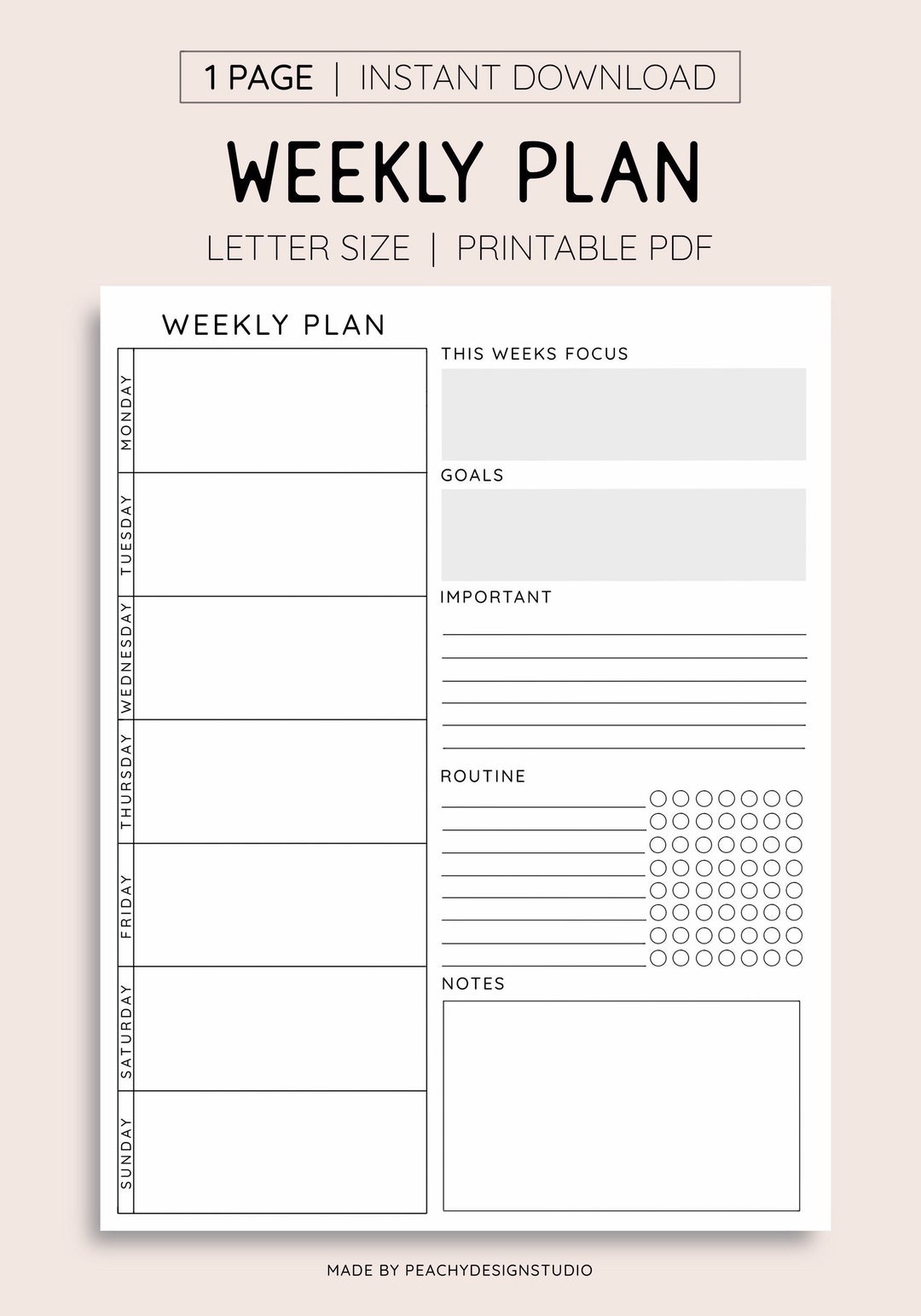 Weekly Planner Printable INSTANT DOWNLOAD Weekly Goal - Etsy
