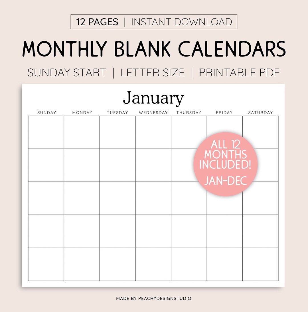 Monthly Blank Calendar Sunday-start, Simple Calendar, Any Year Calendar ...