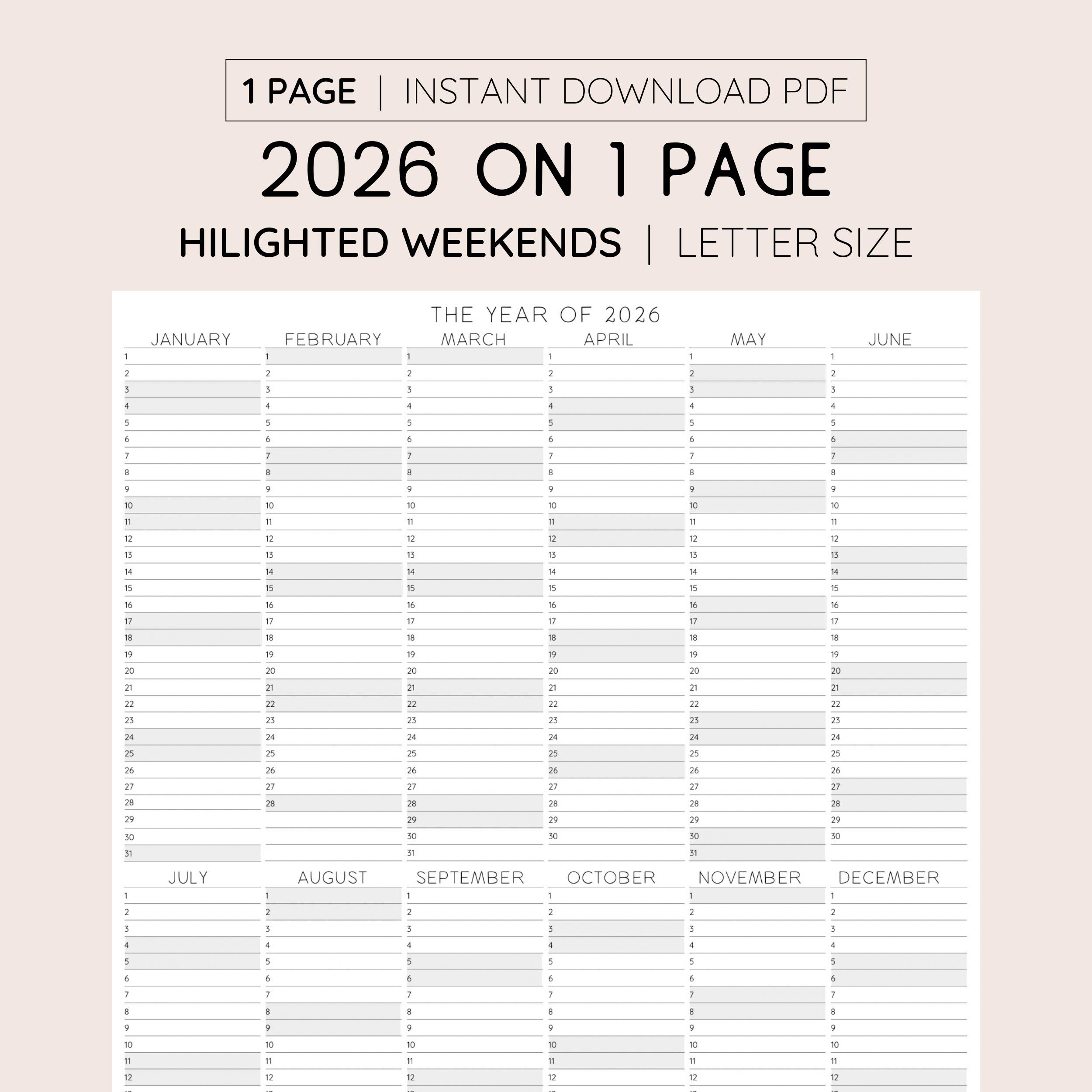 2026 Year at A Glance Planner With Highlighted Weekends, INSTANT