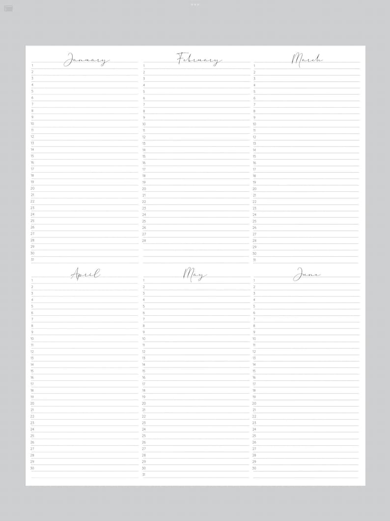 Any Year at a Glance on Two Pages, Yearly Planner Printable, Letter ...