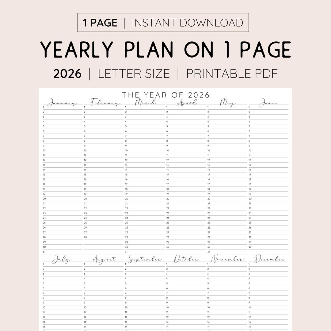 2026 Year at A Glance Printable Calendar (PDF) - Etsy