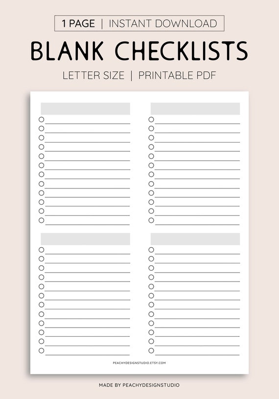 Blank checklist printable instant download pdf to do lists etsy