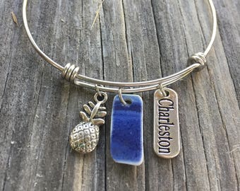 Historic Broken China wire bangle- Artifact Jewelry, silver bracelet with blue china, Charleston, and Pineapple Charms, One of a Kind