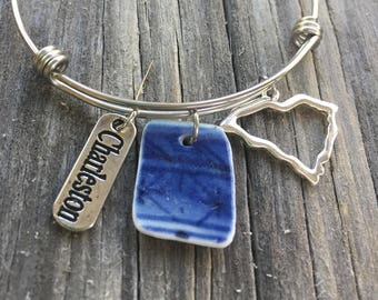 Historic Broken China wire bangle- Artifact jewelry, silver bracelet with Charleston & South Carolina shape charms, blue china piece ooak