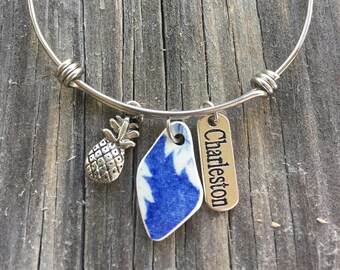 Historic Broken China wire bangle- Artifact Jewelry, silver bracelet with Charleston & Pineapple  charm and Blue China Piece  One of a kind